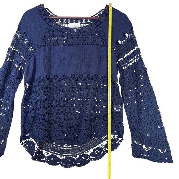 Deletta S (Anthropologie) Blue Crochet Long Sleeve Blouse Hi/Low Hem - Picture 3 of 13